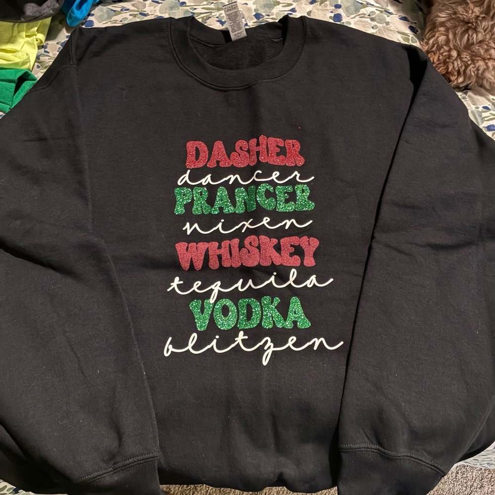 Gildan Black Sweatshirt with Red, Green, and White Text